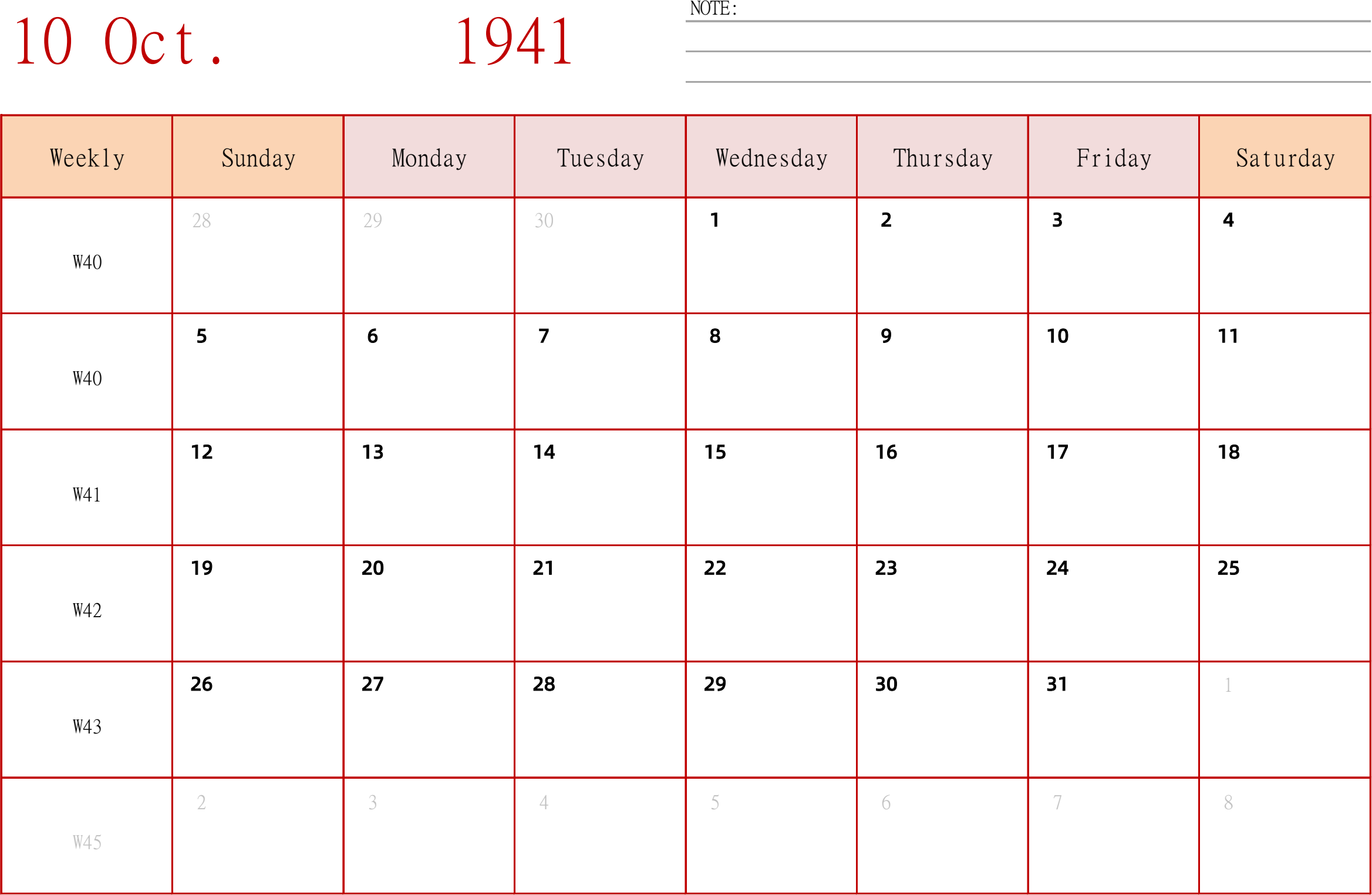 日历表1941年日历 英文版 横向排版 周日开始 带周数